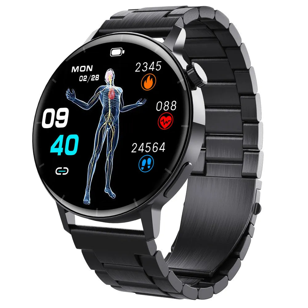 F67S smart watch with red light blood oxygen and glucose monitoring in black leather strap