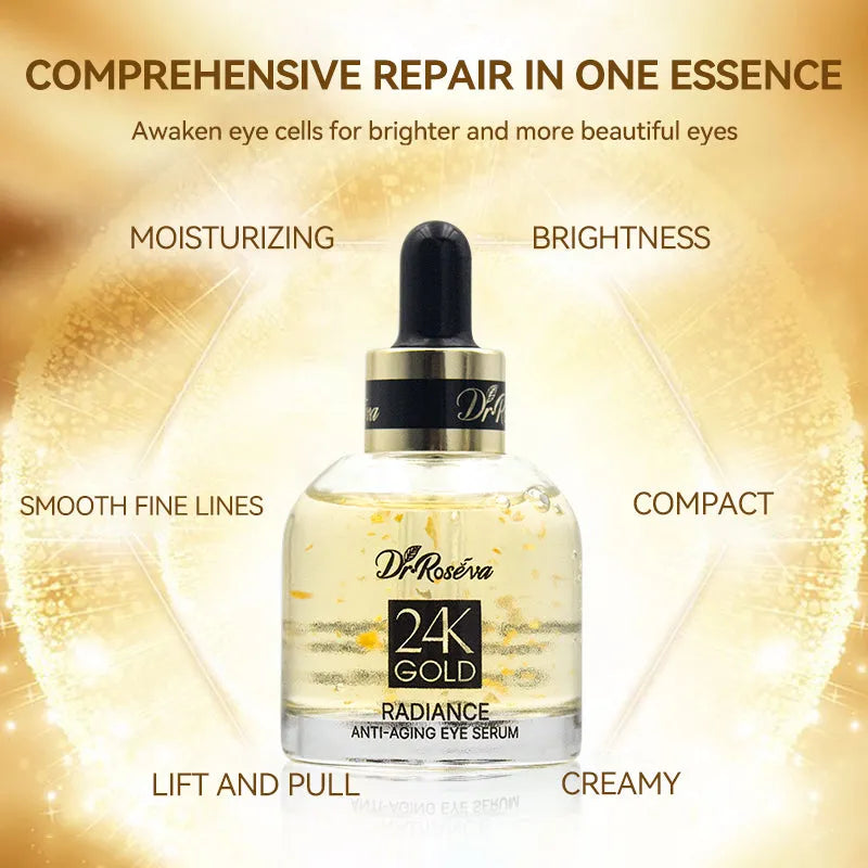 Dr. Roseva 24k Gold Eye Serum 30ml bottle with hyaluronic acid and collagen for anti-wrinkle