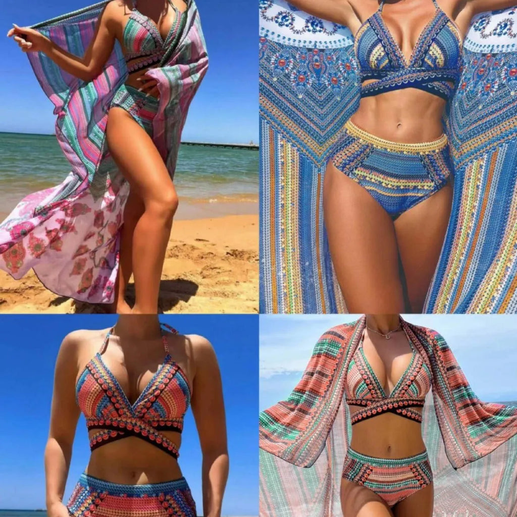 Women's three-piece cross bandage bikini set with high waist panty in polyester fabric