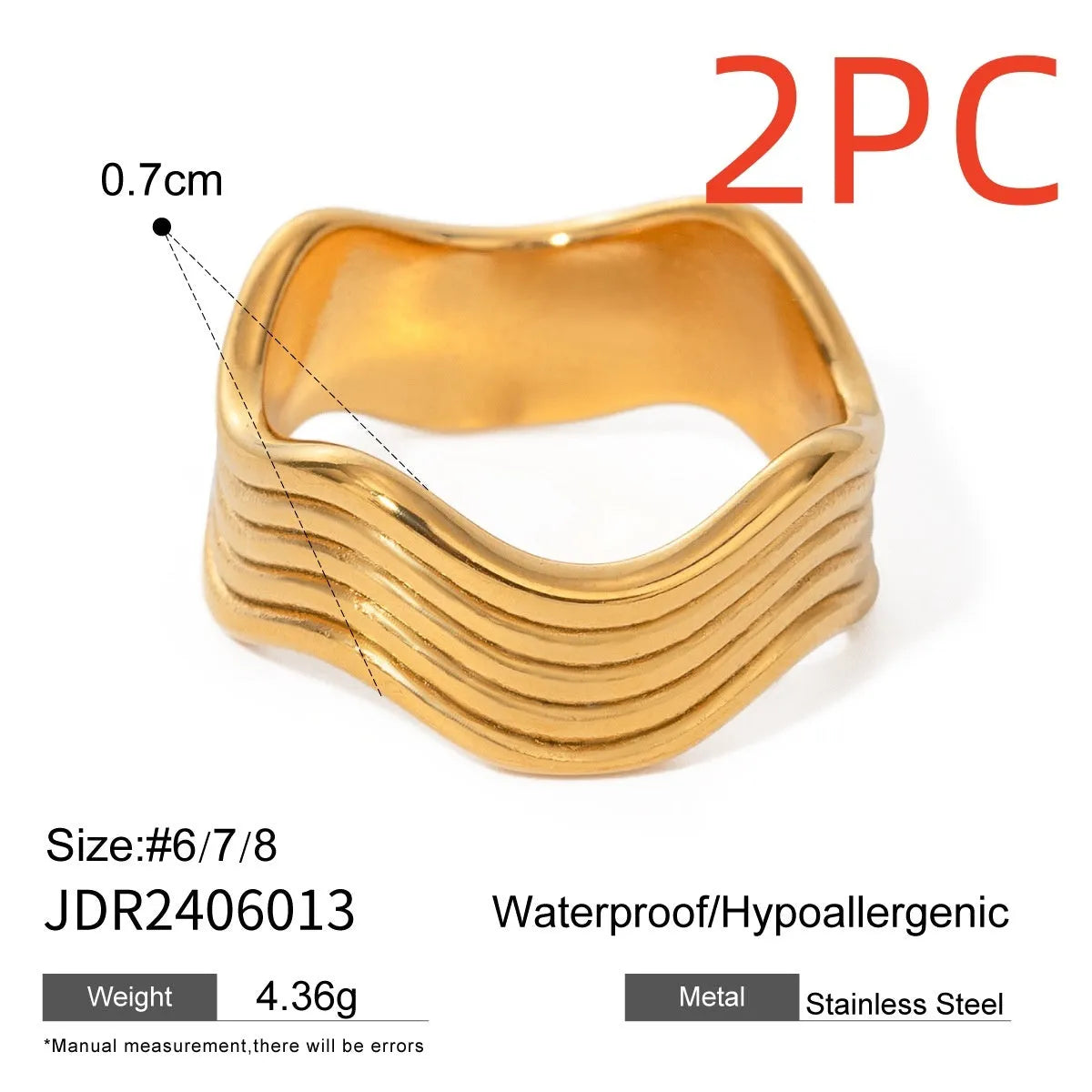 Stainless steel wide band ring with an embossed geometric wave pattern, shown in an electroplated colour.