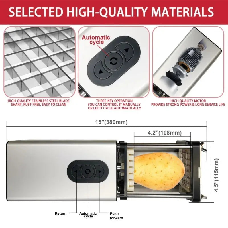 Black electric french fry cutter with stainless steel blades for cutting vegetables into bars