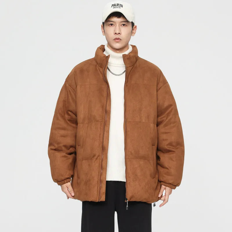 Stand collar deerskin velvet windproof quilted jacket in coffee colour, loose fit, polyester fibre lining