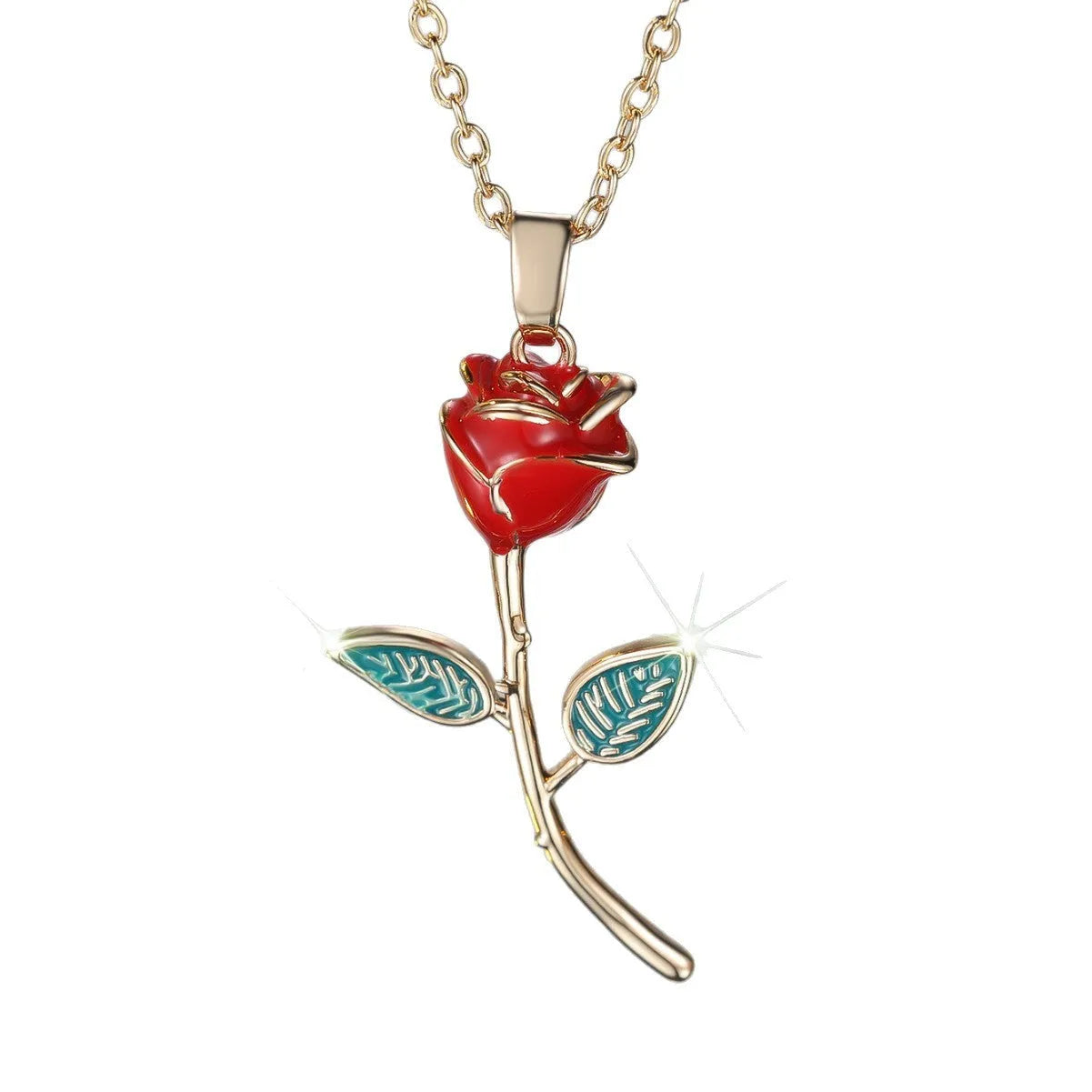 Champagne gold rose pendant necklace with copper drip oil finish and O-ring chain on display