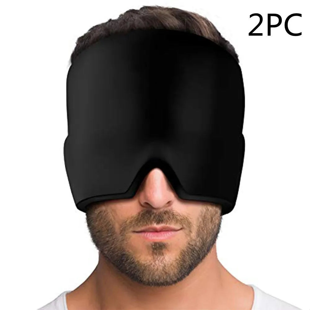 Black elastic cloth gel ice headache relief eye mask showing adjustable headband and cooling gel construction