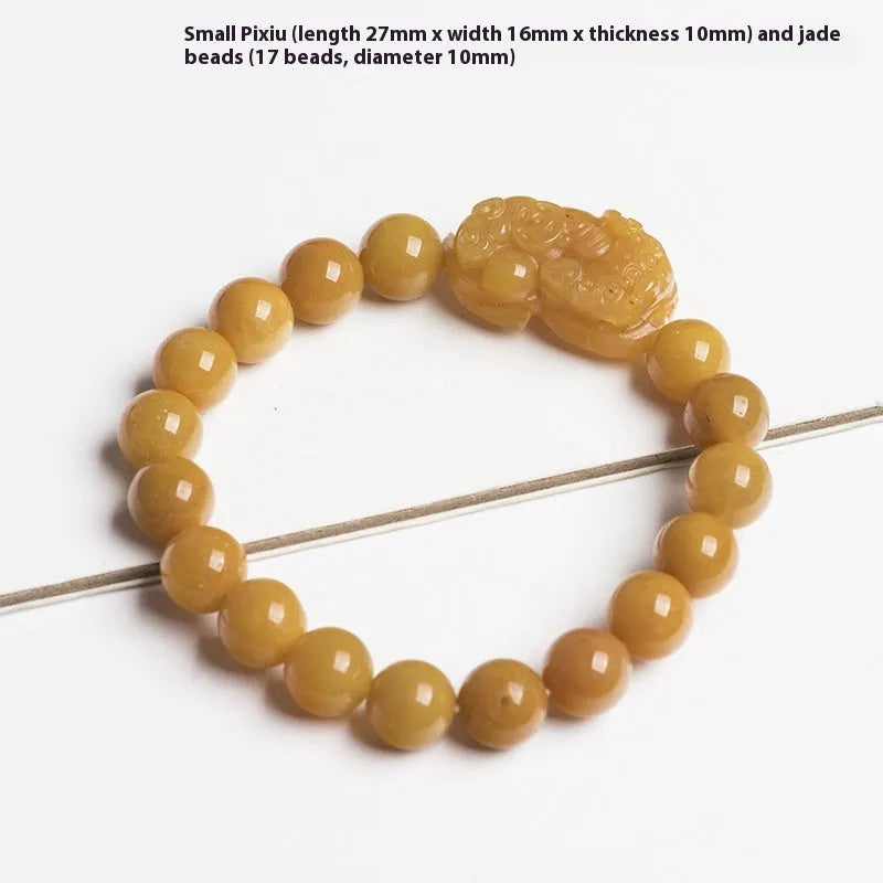 Carved Jinsi Jade money motif bracelet in Golden Thread Jade colour showing 10mm and 13mm bead size options.
