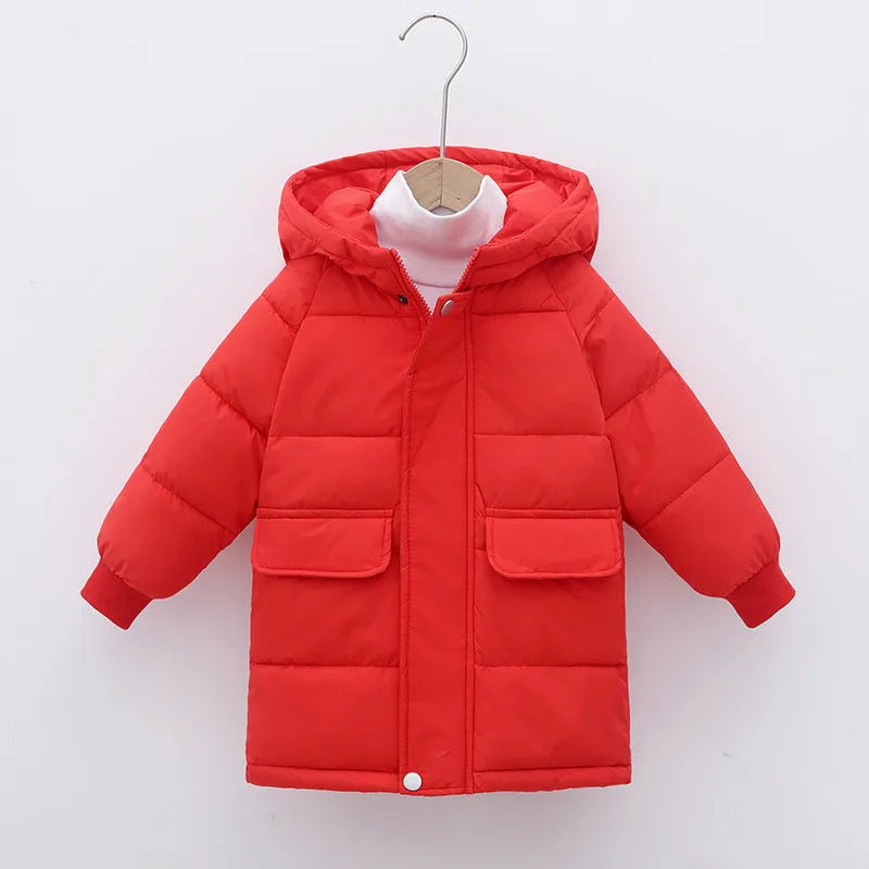 Children's mid-length hooded thickened jacket in polyester fibre with zipper, available in multiple colours