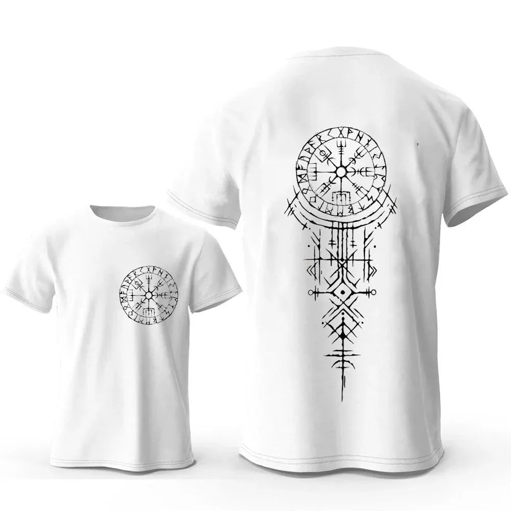 Men's Viking rune compass graphic T-shirt on pure cotton with smiling face design