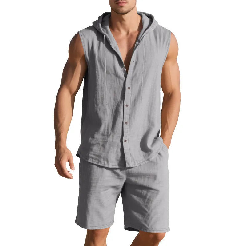 Men's linen sleeveless shirt and matching shorts suit set in light khaki colour.
