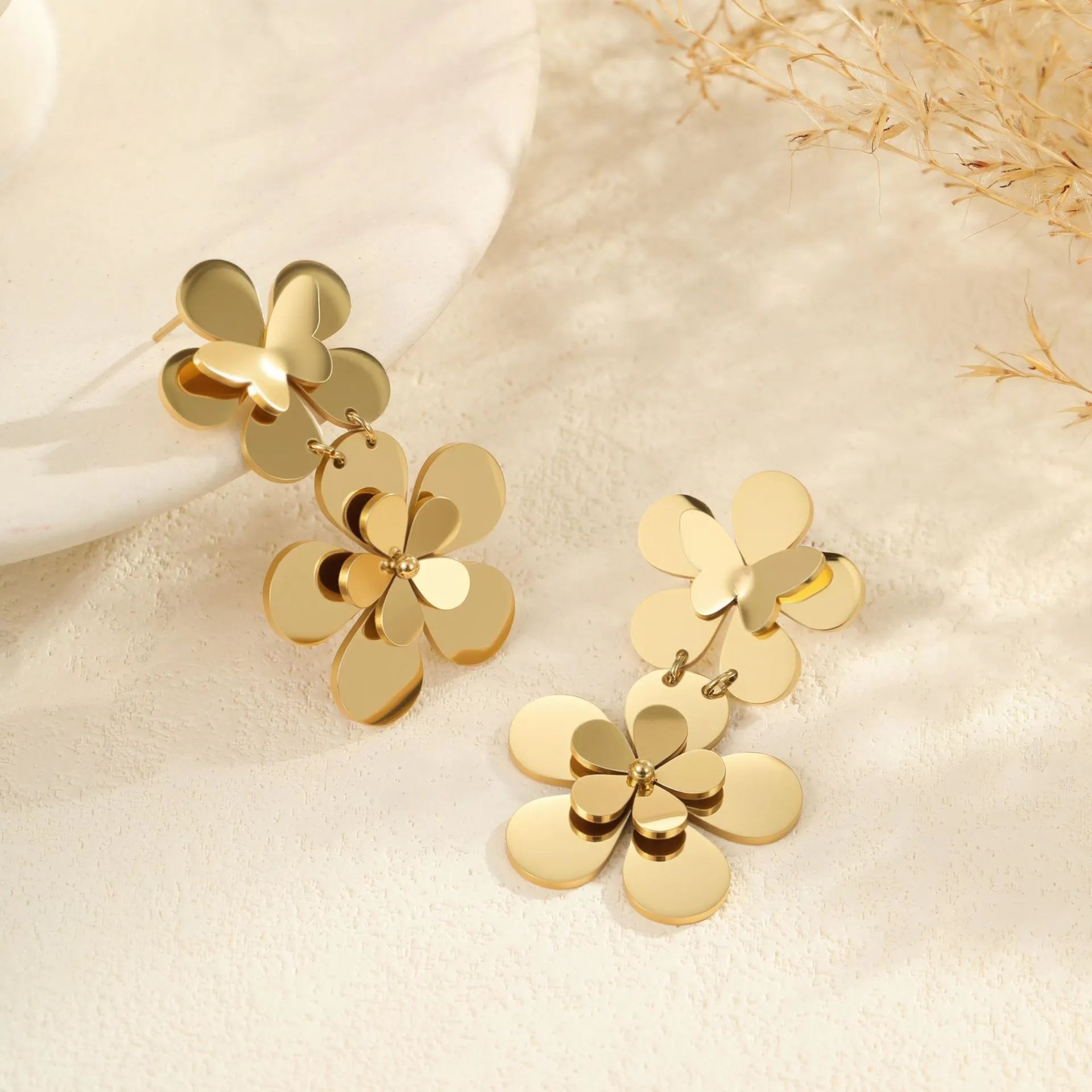 Gold flower butterfly stainless steel earrings with 18K electroplating finish