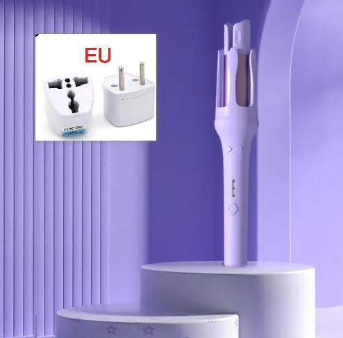 White and pink automatic hair curler with a 32mm ceramic barrel and a US plug adapter on a table.