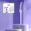 White and pink automatic hair curler with a 32mm ceramic barrel and a US plug adapter on a table.