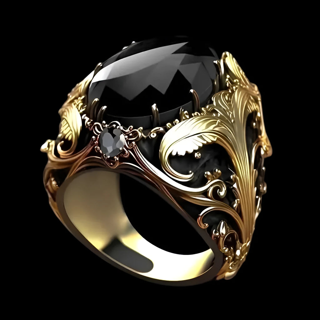 Men's wide face ring with geometric pattern and imitation ink colour gem ornament in silver tone