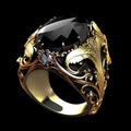 Men's wide face ring with geometric pattern and imitation ink colour gem ornament in silver tone