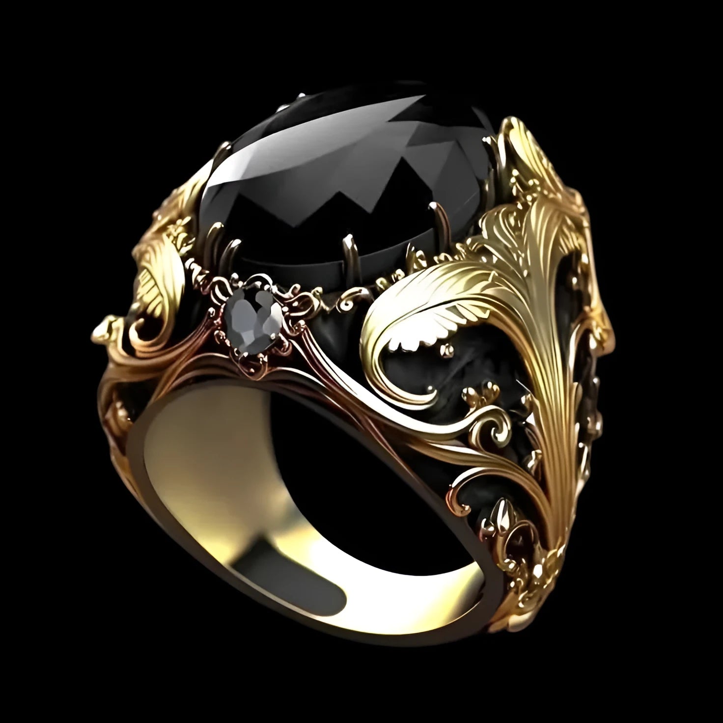 Men's wide face ring with geometric pattern and imitation ink colour gem ornament in silver tone