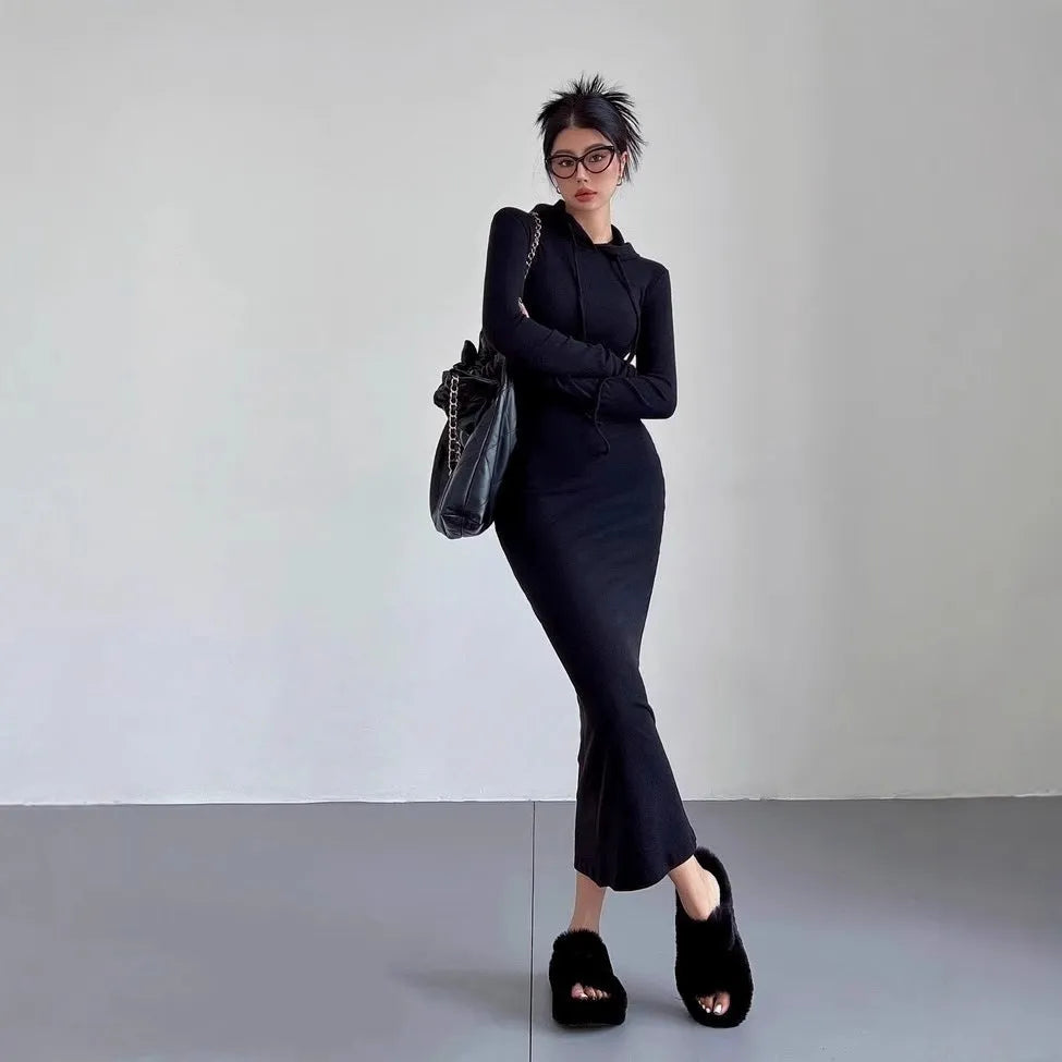 Women's grey hooded sheath dress with long sleeves and knee-length high-waist design