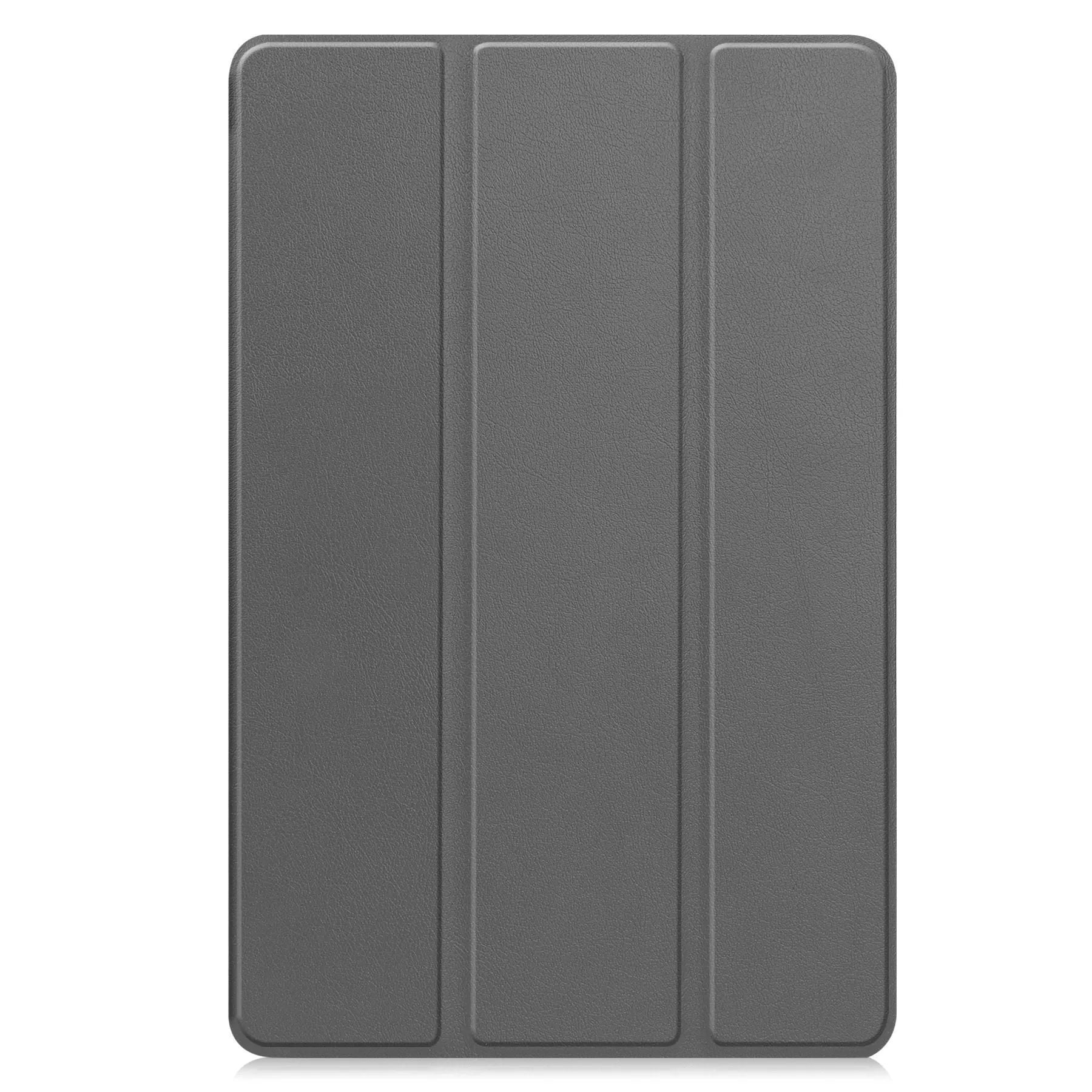 Samsung Tab S10 FE Plus tablet in a tri-fold black leather case with built-in stand open for viewing.