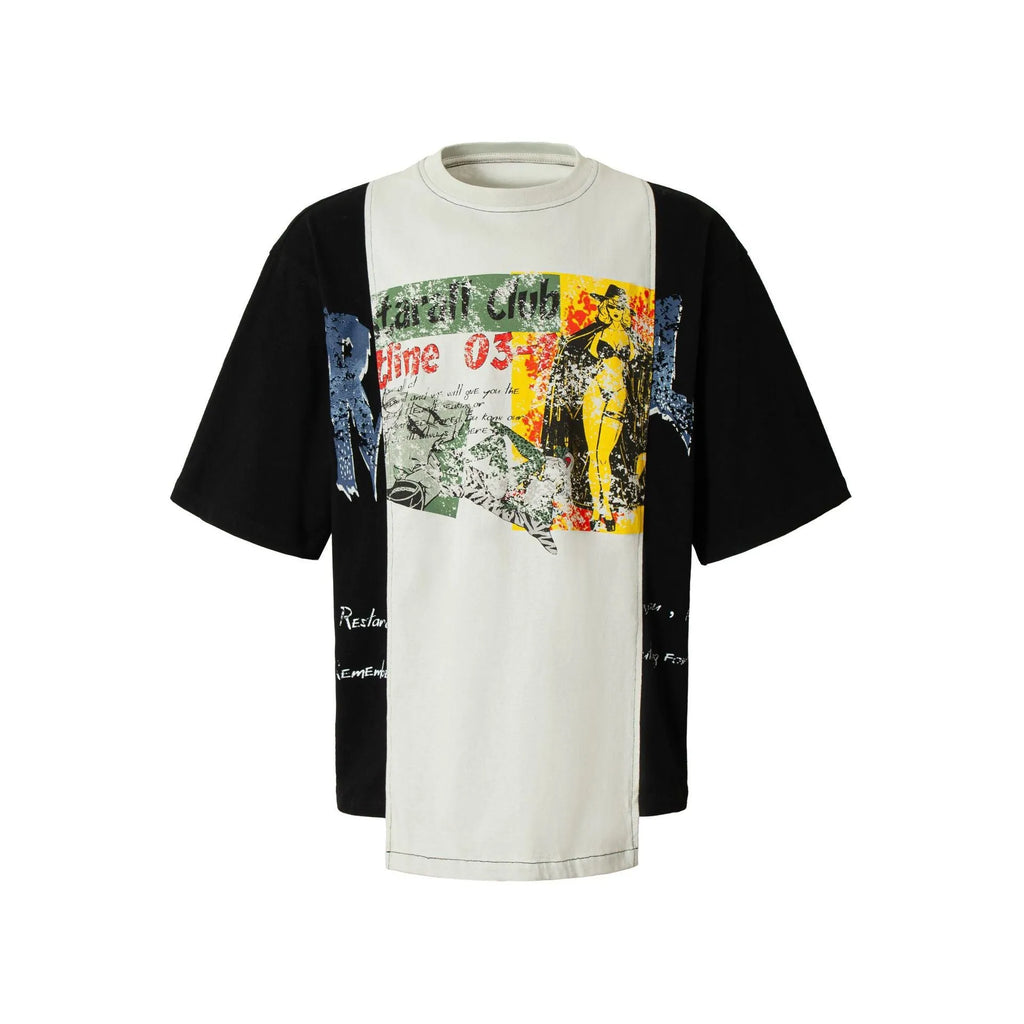Mens black and white broken collage deconstruction printed cotton blend t-shirt with loose fit short sleeves
