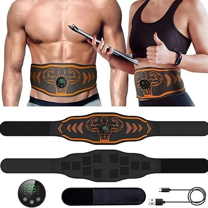 Blue and orange EMS smart massage belts with conductive pads and a rechargeable host unit for home muscle stimulation.