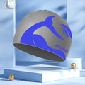 Silicone swimming cap with whale tail pattern and built-in ear protectors in black, blue, pink, and grey colours.