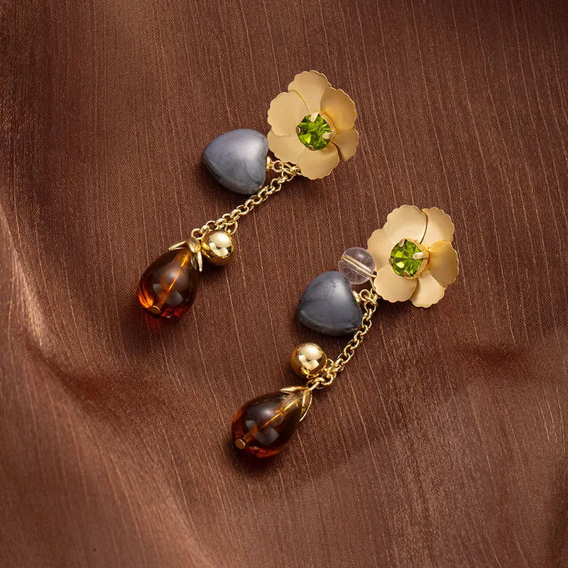 Gold diamond flower love iron earrings heart floral pastoral style for women