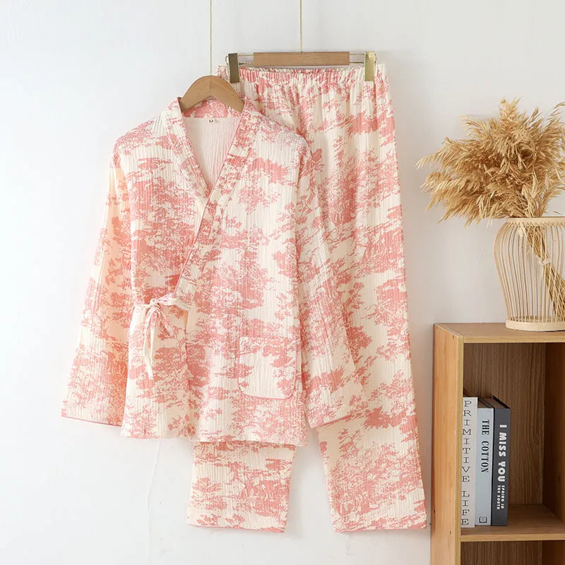 Women's pure cotton gauze long sleeve trouser suit in frosted pine trees colour