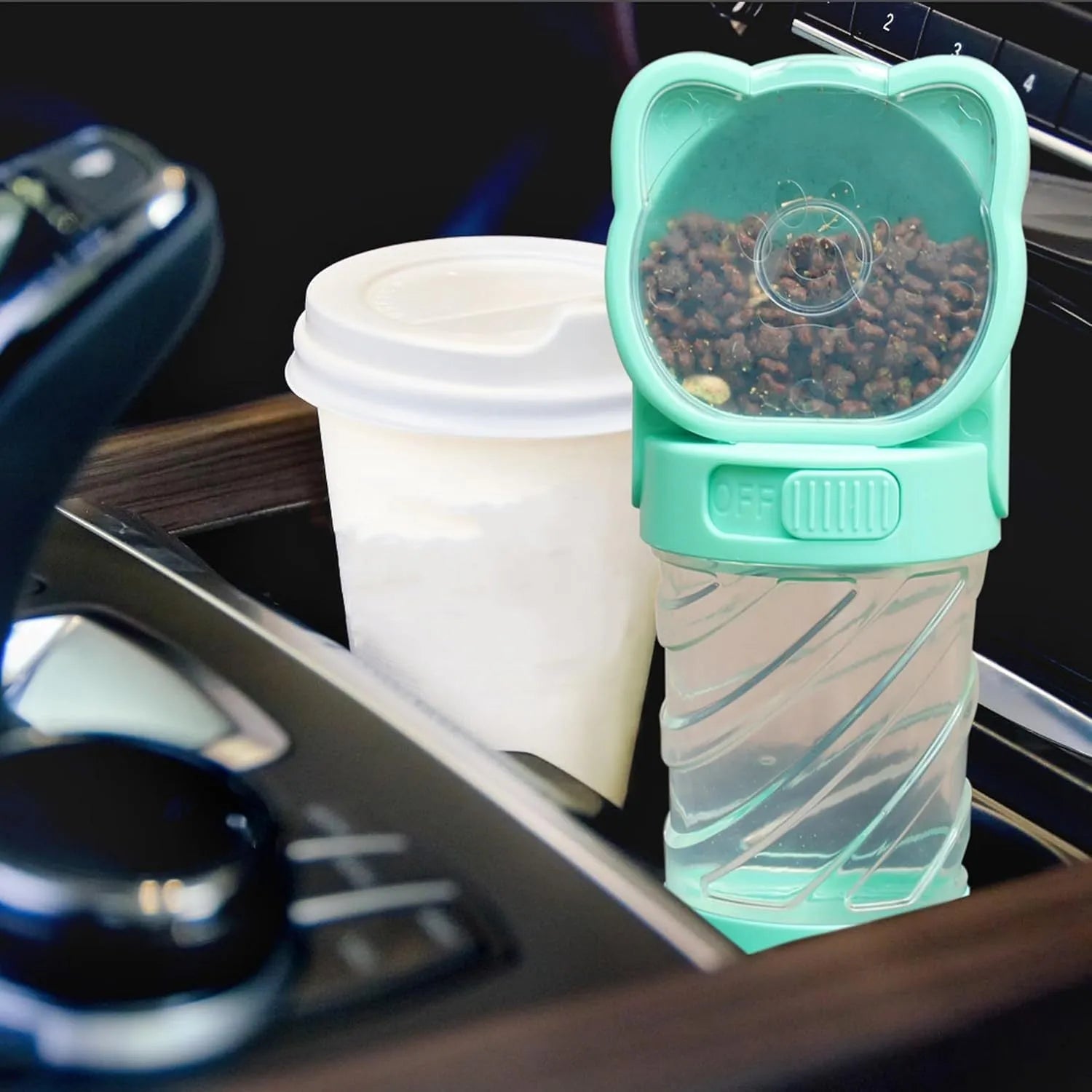 Green, pink, or white 3-in-1 portable pet water bottle with food container and bag dispenser.