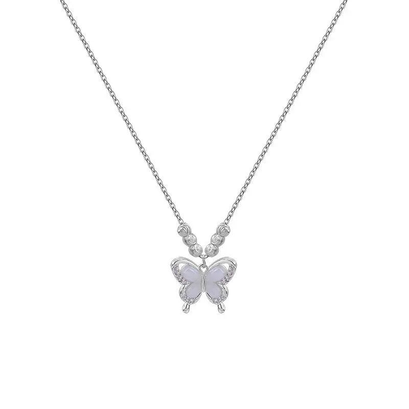 Silver women's butterfly necklace with square line opal pendant on an adjustable cross chain.