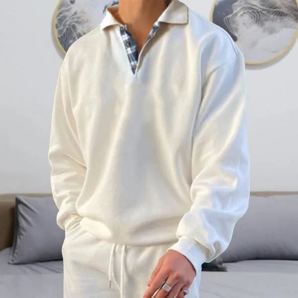 Men's long sleeve V-neck lapel hoodie in loose fit, ten colour options, polyester