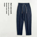 Cotton and linen men's summer thin casual striped cropped pants, khaki stripe colour, side view