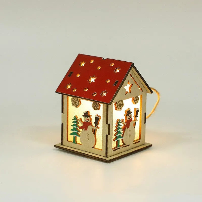 Wooden festive pendant 7cm x 7cm x 9cm with LED wick and battery in snowman, Santa or elk design