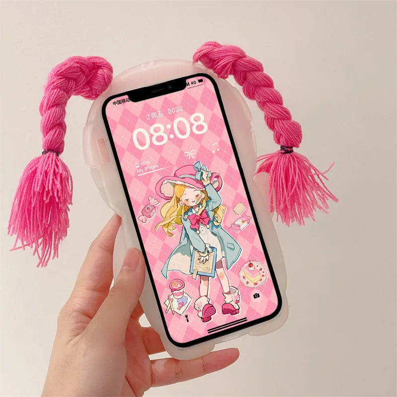 Pink and green cartoon girl silicone iPhone case for iPhone 11 12 13 14 models.