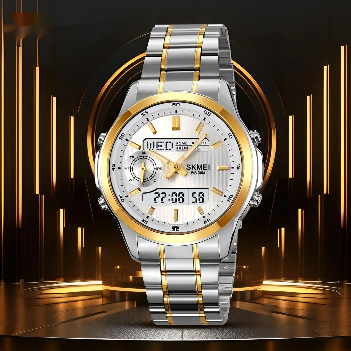 Men's steel strap watch with luminous multifunctional design, button cell battery, available in five colour finishes
