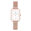 Rose gold and silver women's waterproof quartz watch with woven steel strap on a wrist.