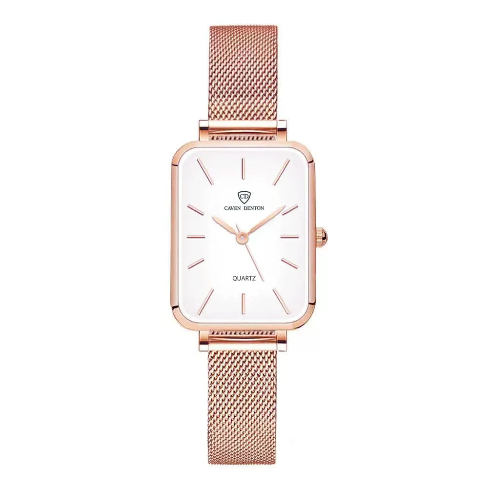 Rose gold and silver women's waterproof quartz watch with woven steel strap on a wrist.