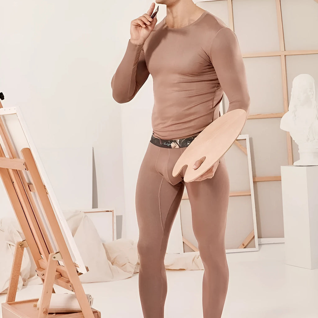 Men's thermal base layer set, long sleeve top and trousers, modal nylon spandex, green or pink, sizes M-XXL