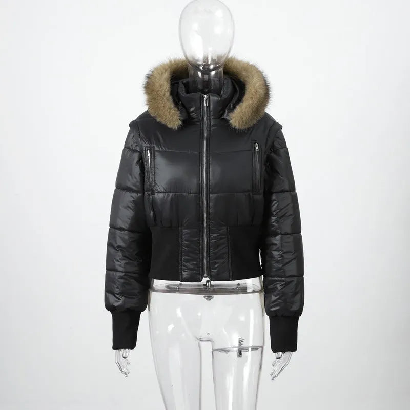 Black hooded cotton coat with detachable sleeves, faux fur collar and waist-cinching design, short padded women's jacket