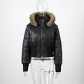 Black hooded cotton coat with detachable sleeves, faux fur collar and waist-cinching design, short padded women's jacket