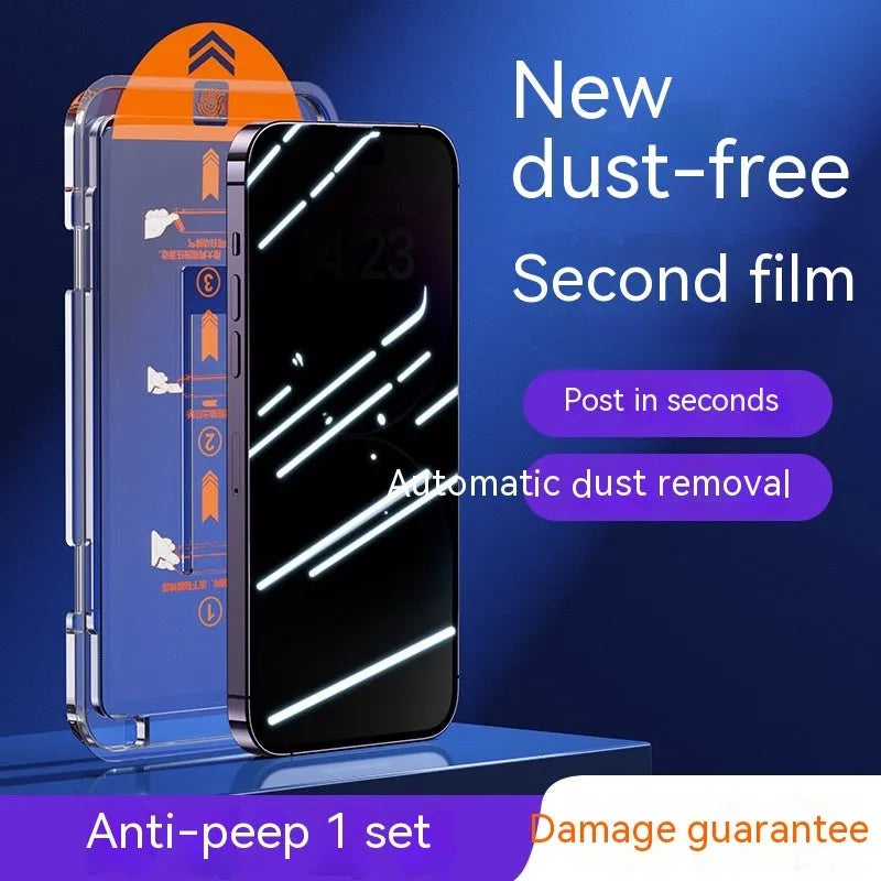 iPhone tempered glass privacy screen protector with anti-fingerprint and anti-blue light features.