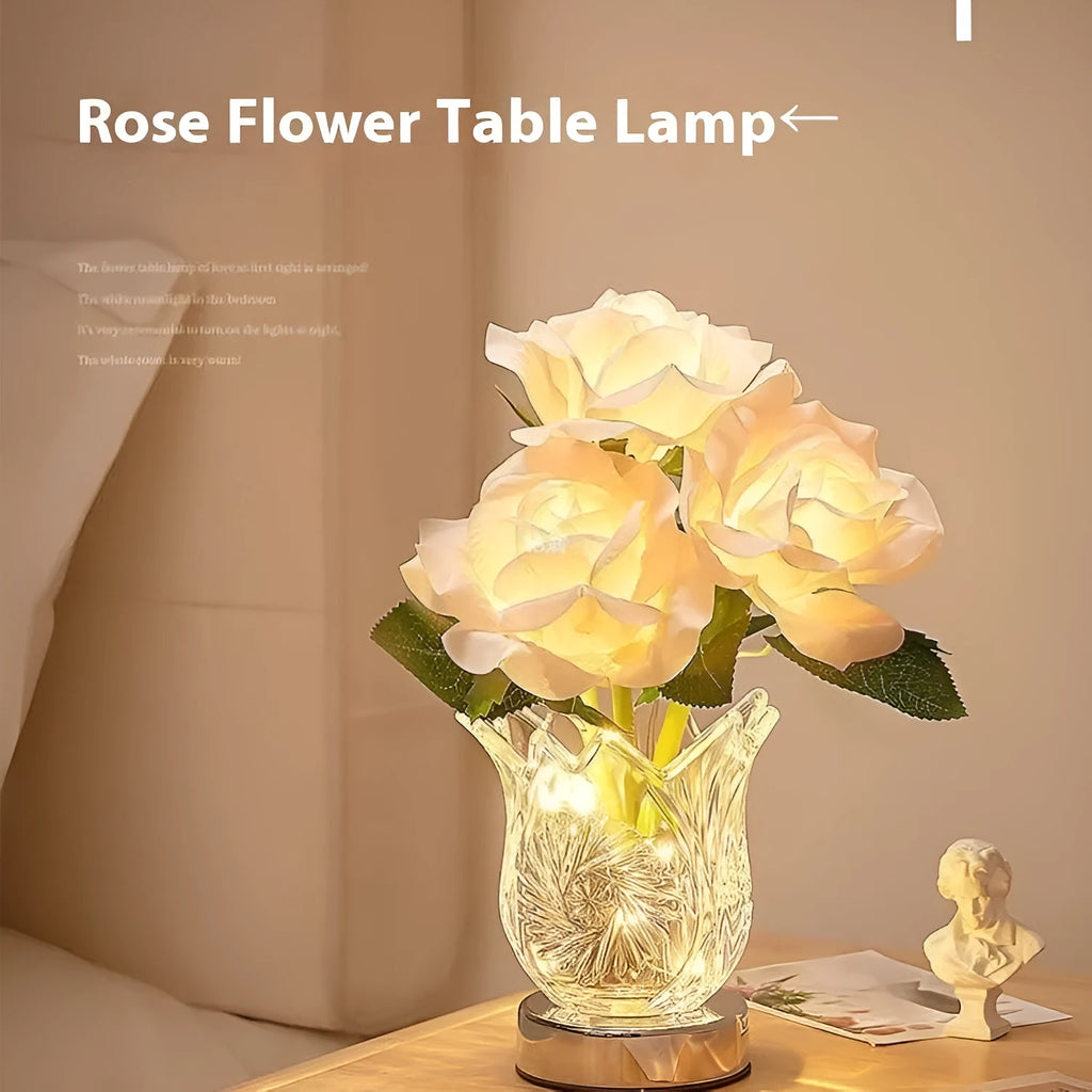White crystal flowers design USB rechargeable touch dimming table lamp on wooden surface