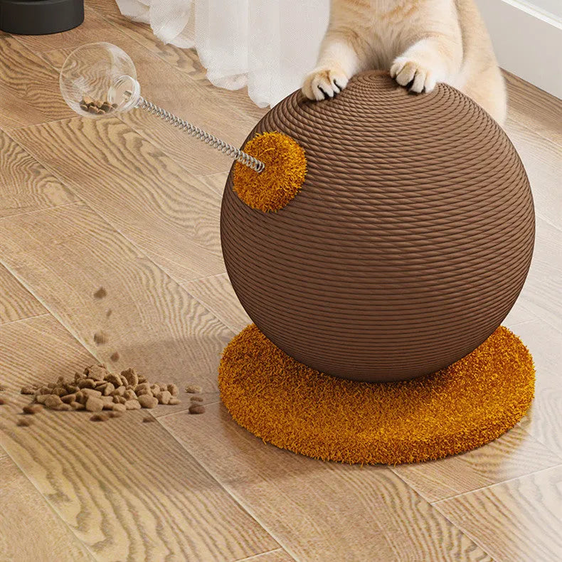 Large rectangular cat scratching board with natural hemp rope surface and a central blue tumbler toy