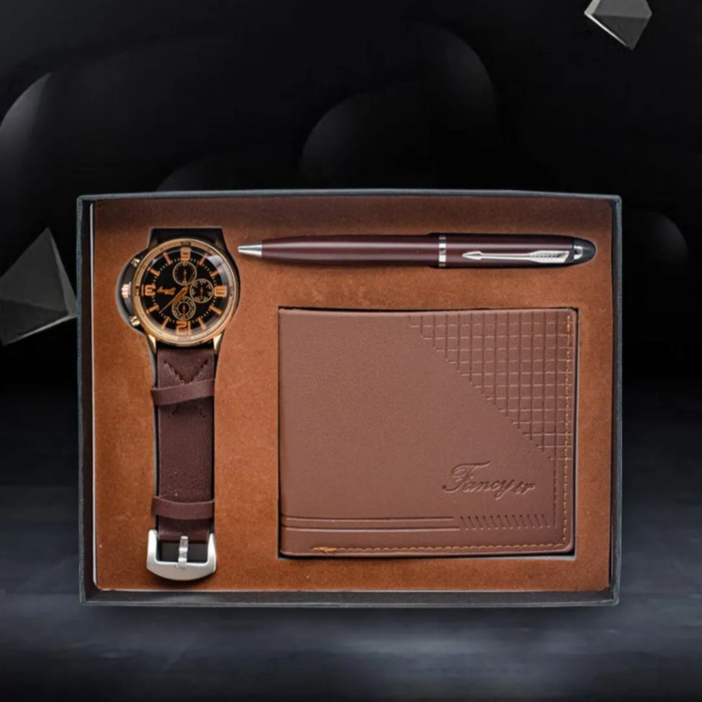 Creative holiday gift set featuring a wallet, pen, and watch inside a modern simplicity style gift box.