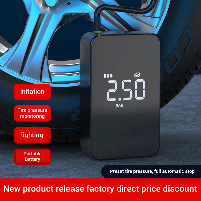 Small black wireless digital tyre inflator pump with screen, hose, and four air nozzles on a grey background.