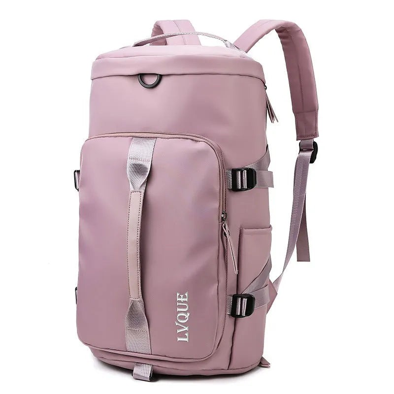 Waterproof nylon gym backpack showing shoe compartment, multiple pockets, and combination lock in blue colour