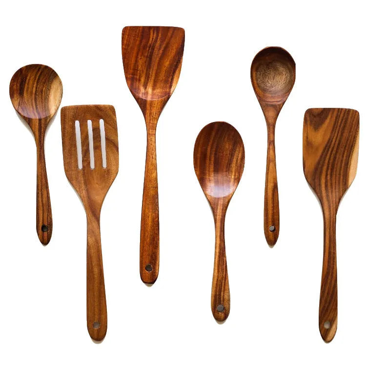 Seven-piece natural beech wood cooking utensil set with spoon and spatula designs