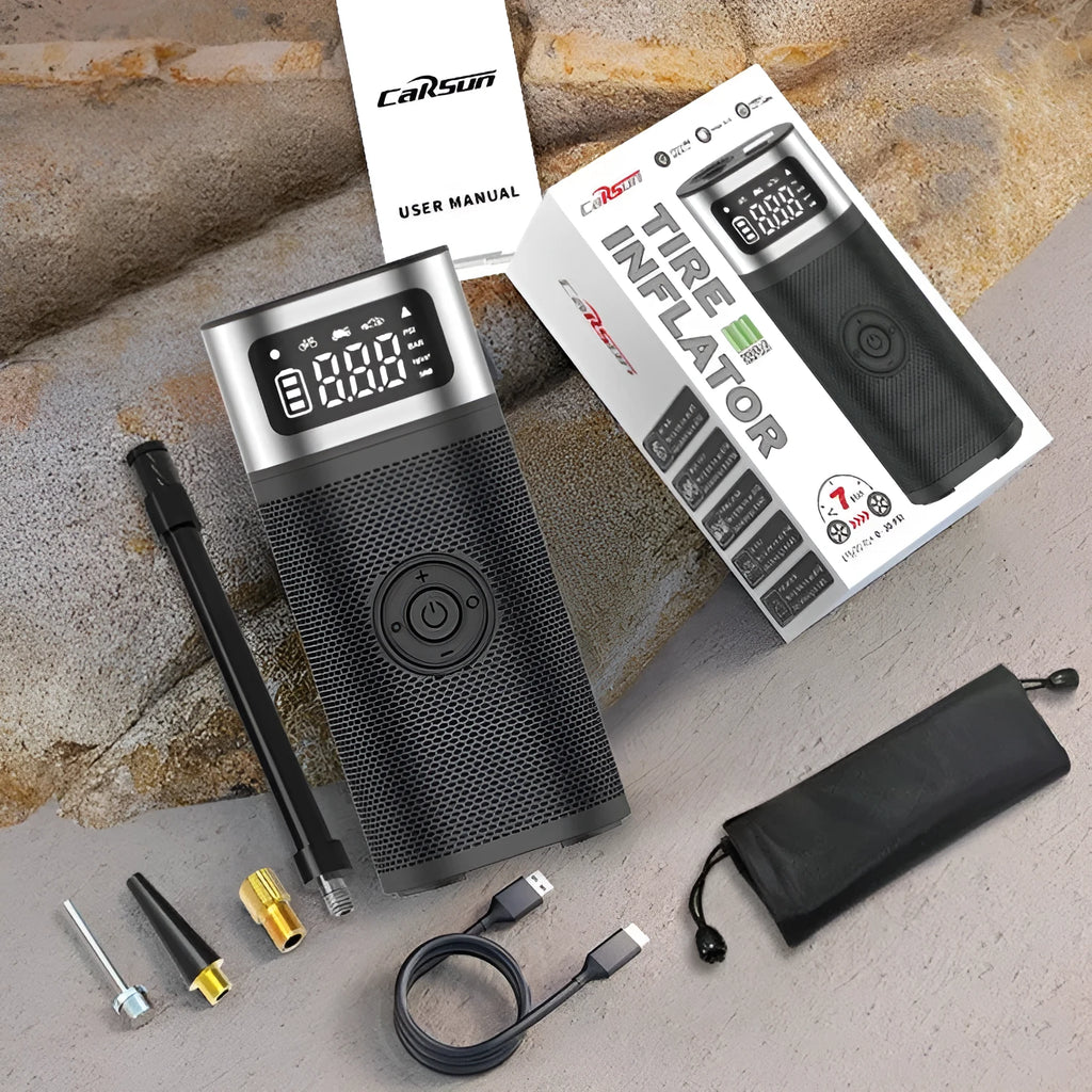 Black portable wireless vehicle air pump with metal construction and 15cm inflation tube including multiple nozzle attachments