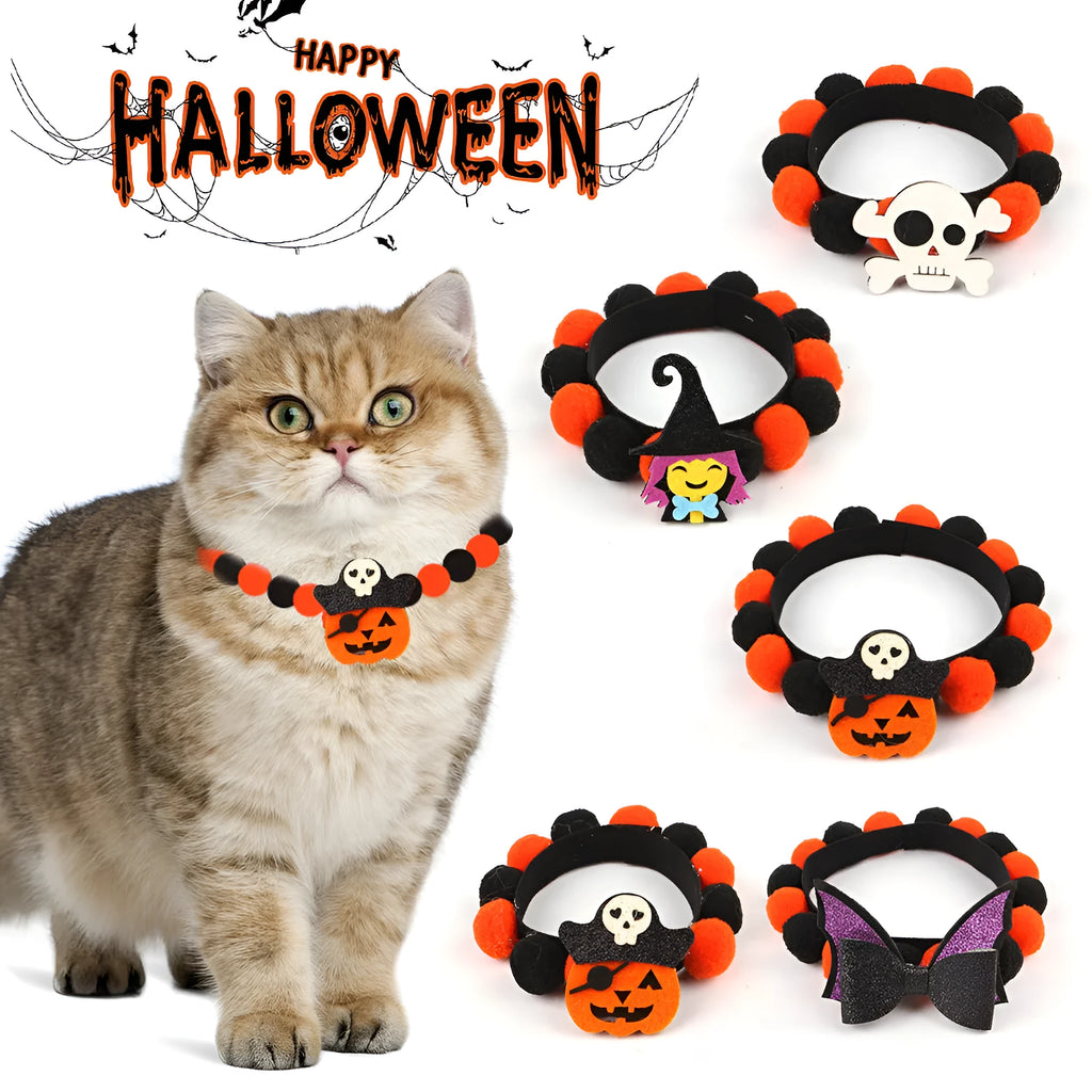 Halloween pet fur ball collar in pumpkin design with adjustable sizing