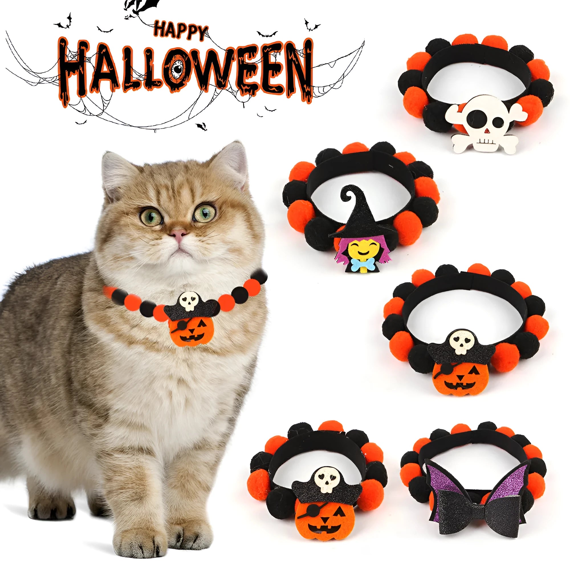 Halloween pet fur ball collar in pumpkin design with adjustable sizing