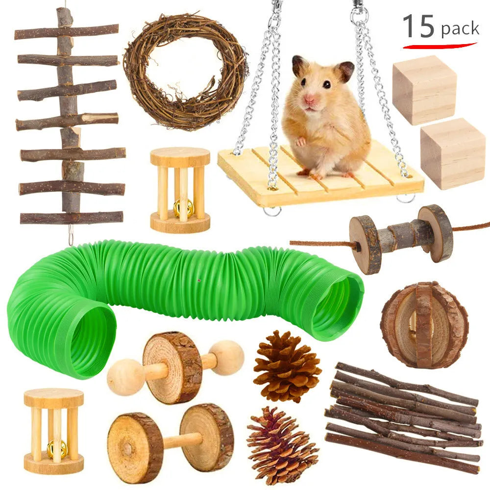 Wooden toy combination set for rabbits, guinea pigs, and parrots with straw mattress and natural material balls