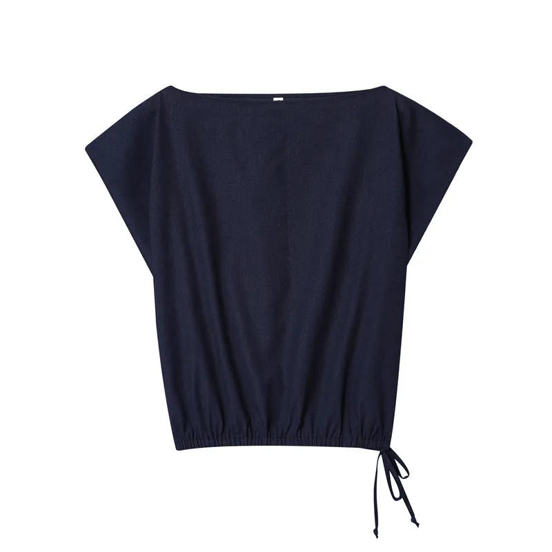 Women's linen-style shirt with flounced sleeves and matching wide-leg trousers co-ord set.