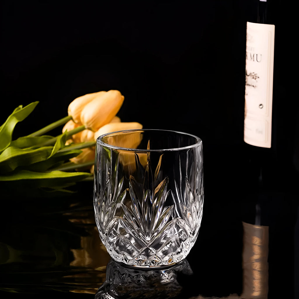 Crystal whiskey shot glass with a thick heavy bottom, shown in one of twelve available colour options.